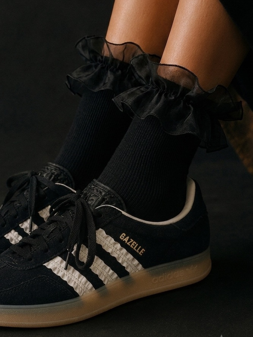 Adidas Gazelle Women's Black Suede Sneakers with Cream Ribbon Stripes Sz 10
